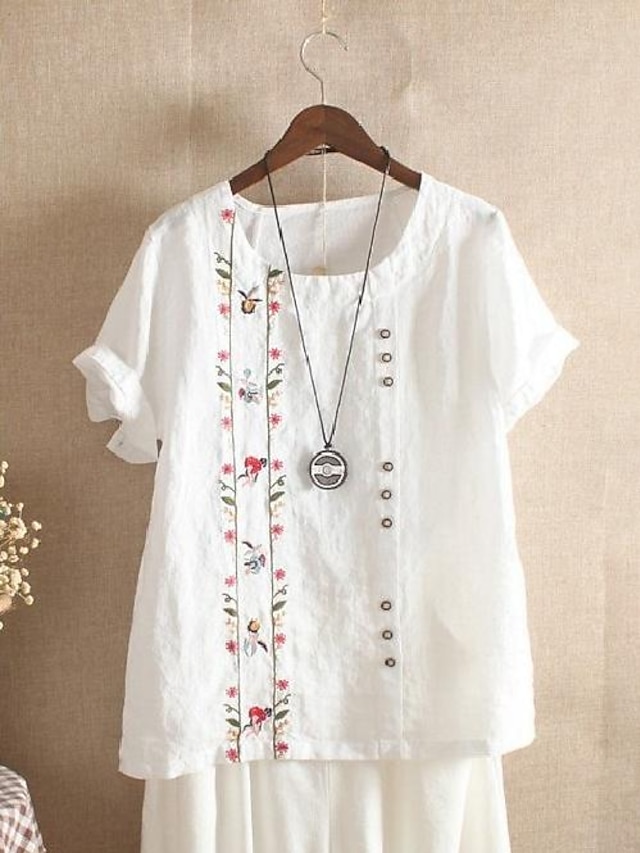 Womens Clothing Plus Size Collection | Womens Plus Size Tops Blouse Shirt Floral Embroidery Short Sleeve Round Neck Holiday Spri