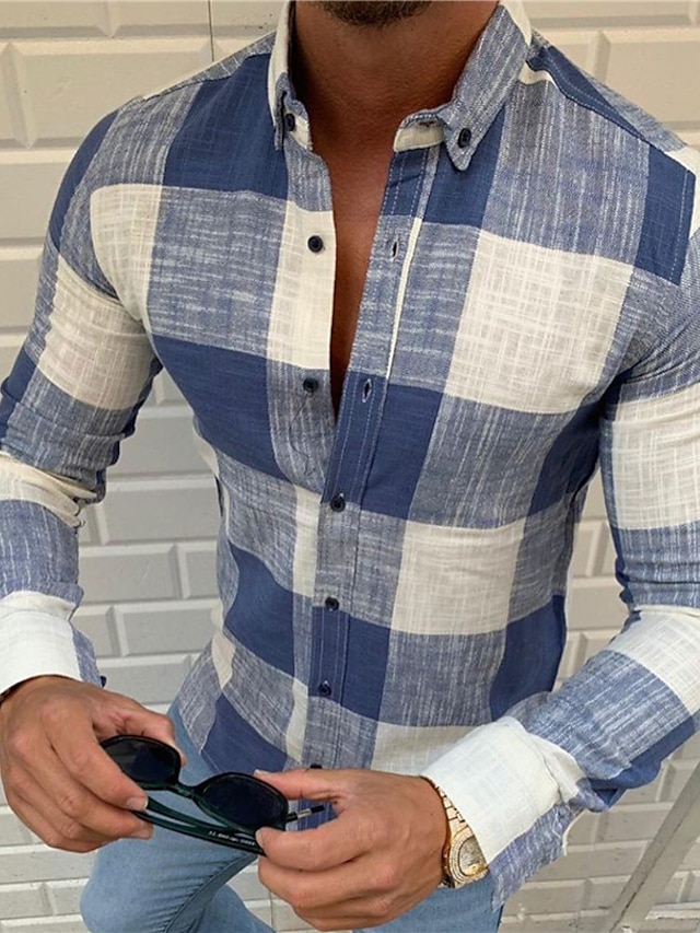  Herr Skjorta Knapp upp skjorta Sommarskjorta Rutig skjorta Svart Rubinrött Blå Långärmad Pläd / Rutig Krage Nedvikt Ledigt Dagligen Button-Down Kläder Mode Ledigt Andningsfunktion Bekväm