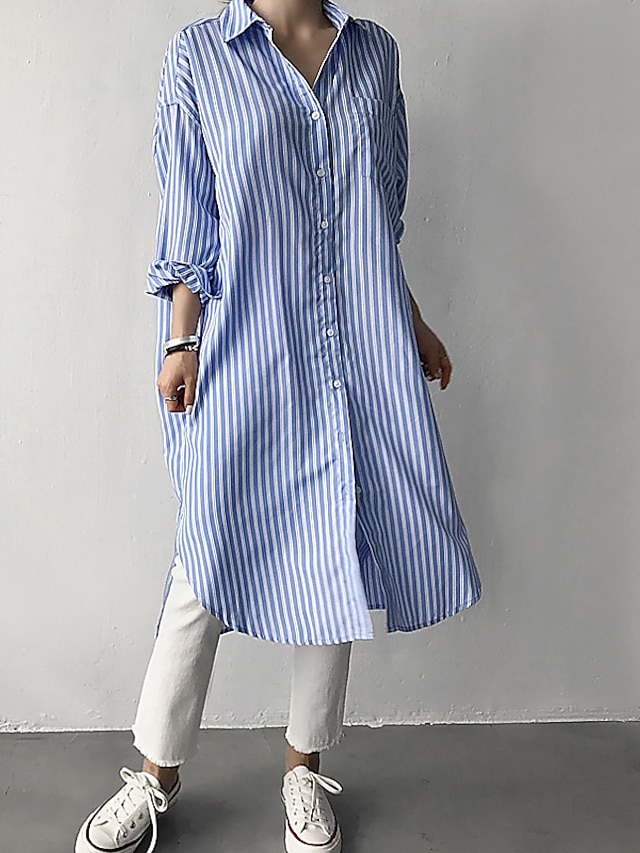 Womens Clothing Womens Dresses | Womens Shirt Dress Midi Dress Black and white stripes blue strips Long Sleeve Stripes Summer Ca