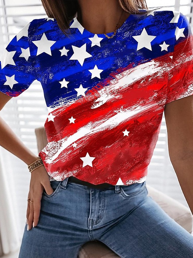  Women's Abstract Design T shirt Graphic Color Block American Flag Print Round Neck Basic Tops Blue / 3D Print
