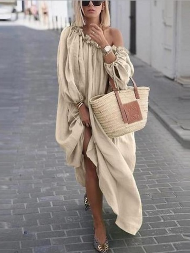  robe décontractée pour femme robe swing robe boho robe longue robe maxi robe abricot vert bleu manches longues couleur pure froncé hiver automne printemps une épaule mode robe d'hiver vacances