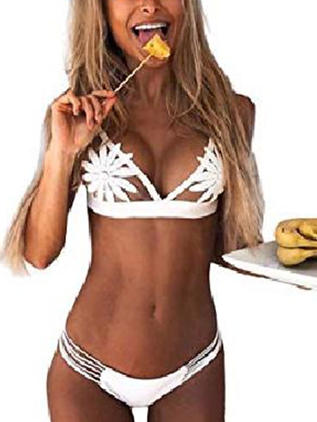 Womens Clothing Womens Swimwear | Womens Swimwear Bikini 2 Piece Normal Swimsuit Push Up Hole Solid Color Flower White Black Yel