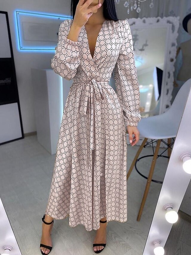 Womens Clothing Womens Dresses | Womens Swing Dress Maxi long Dress Gold Long Sleeve Geometric Patchwork Print Spring Summer V N