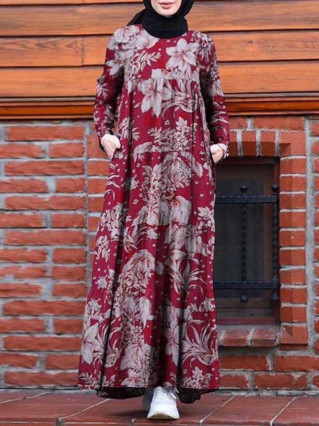 Womens Clothing Womens Dresses | Womens A Line Dress Maxi long Dress Blue Black Wine Long Sleeve Floral Pocket Print Spring Summ