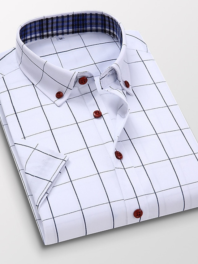 Herren Hemd Kurzarm Kariert - Business Sommerhemd Regular Fit Baumwolle Leinen