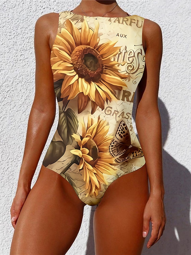  Women's Swimwear One Piece Monokini Normal Swimsuit Floral Tummy Control Slim Green White Yellow Camel Brown Strap Padded Bathing Suits Casual Sexy New / Padded Bras