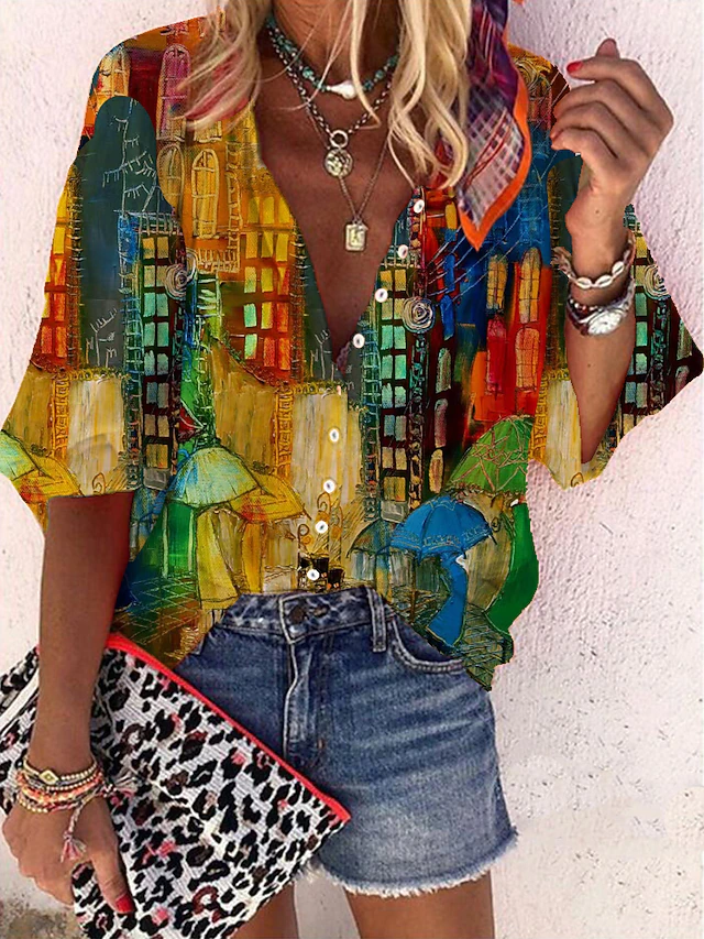 Women's Plus Size Shirt Blouse Graphic City Scenery Vintage Ethnic Chinoiserie Long Sleeve Puff Sleeve Standing Collar Long Tops Casual Daily Print Black Yellow Wine Red Blue Spring Fall 15