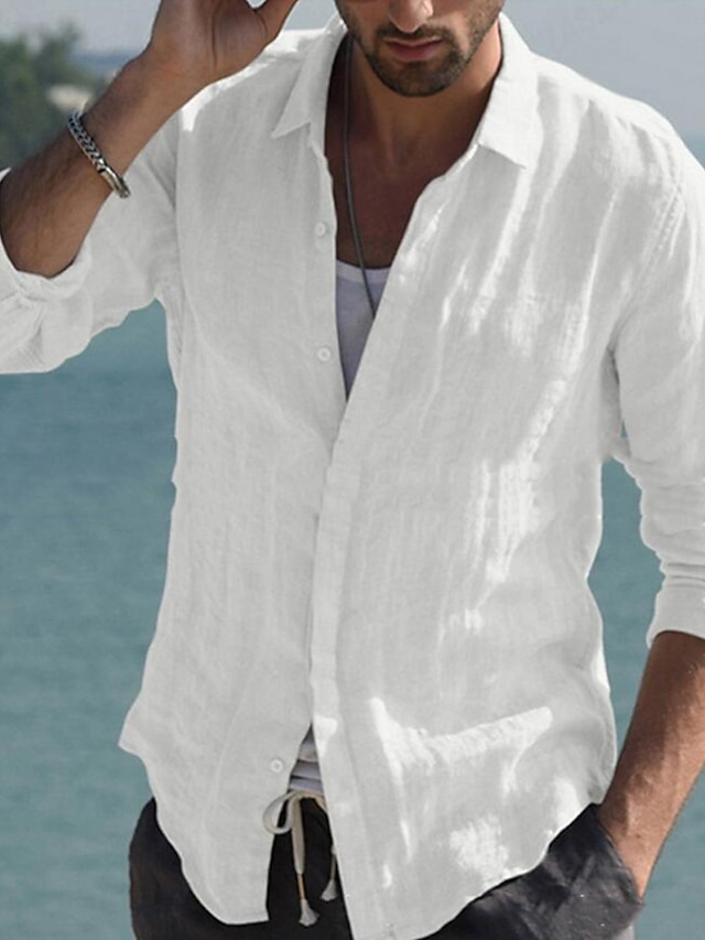  Men's Linen Shirt Shirt Summer Shirt Beach Shirt Collar Spring & Summer Long Sleeve White Solid Color Casual Daily Clothing Apparel Button-Down