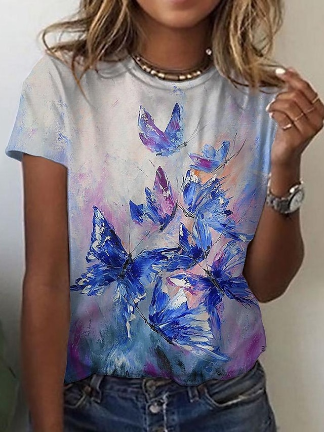  Women's Butterfly Painting T shirt Graphic Butterfly Sparkly Print Round Neck Basic Vintage Tops Blue Purple Pink / 3D Print