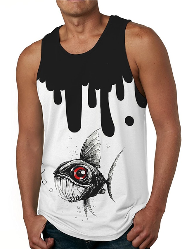  Men's Vest Top Tank Top Shirt Designer Casual Big and Tall Summer Sleeveless Black / White Graphic Fish Print Round Neck Daily Holiday Print Clothing Clothes Designer Casual Big and Tall