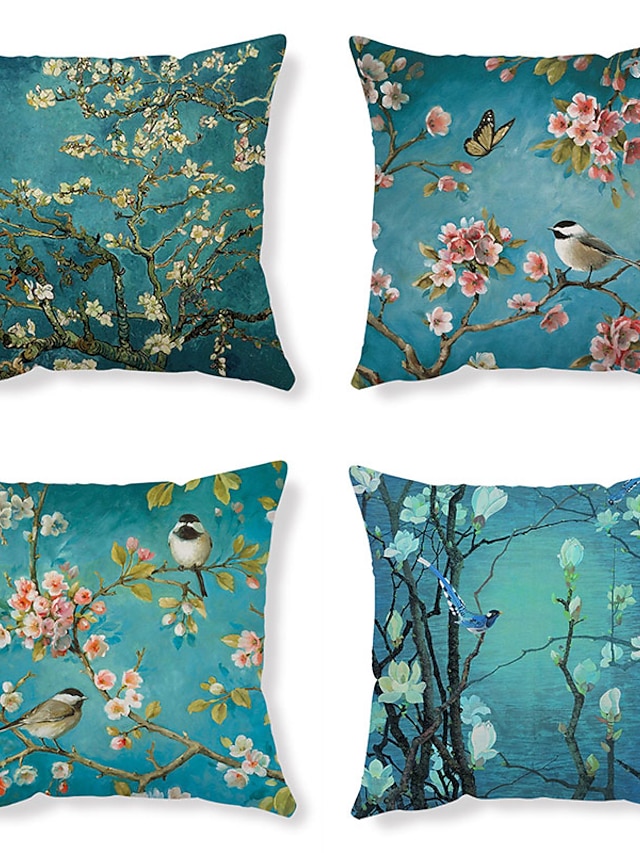  1 pcs Polyester Pillow Cover, Classic Floral Bird Floral&Plants Zipper Square Traditional Classic