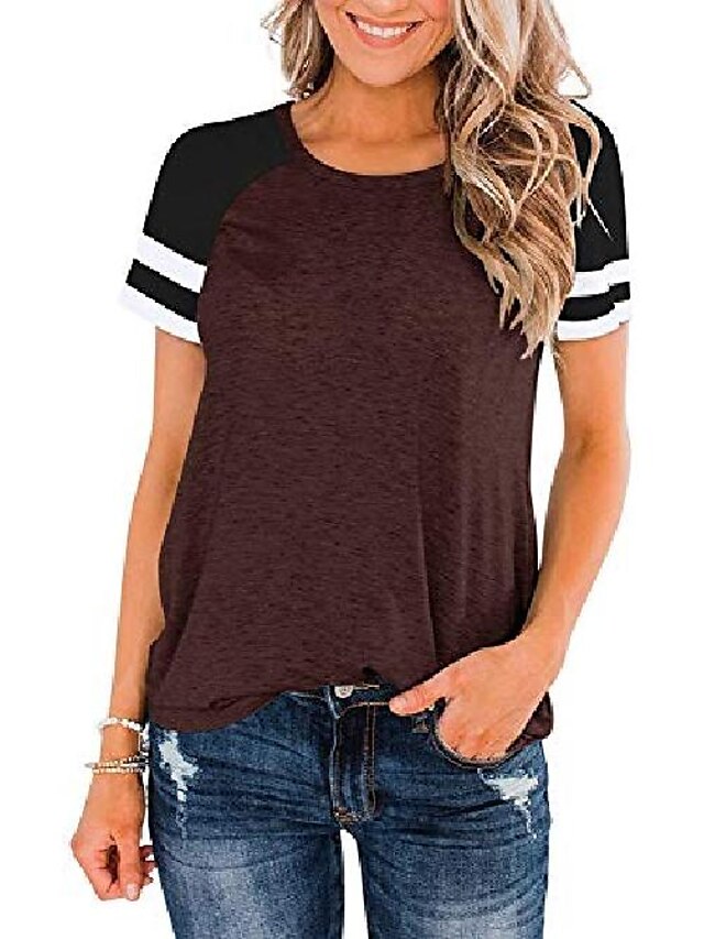 Womens Clothing Womens Tops | owin women raglan short sleeve t shirt color block baseball striped shirt loose tunic tee tops(win