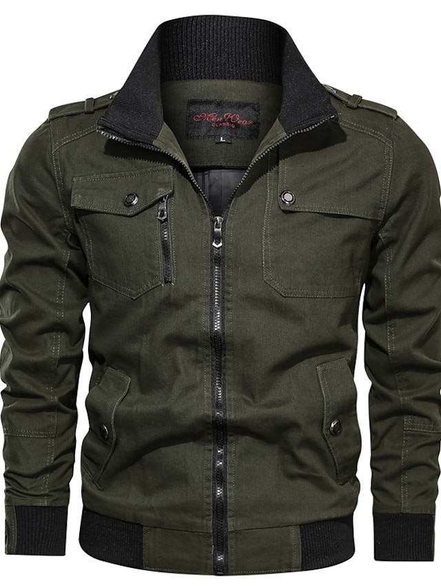  Men's Jacket Regular Patchwork Coat Black Blue Wine Army Green Khaki Casual Daily Fall Zipper Stand Collar Regular Fit S M L XL XXL / Windproof / Warm / Solid Color / Winter / Long Sleeve