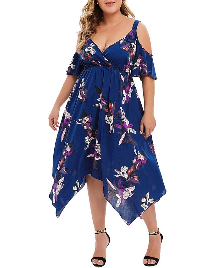 Womens Clothing Plus Size Collection | Womens Plus Size Swing Dress Floral V Neck Half Sleeve Spring Summer Fashion Maxi long Dr