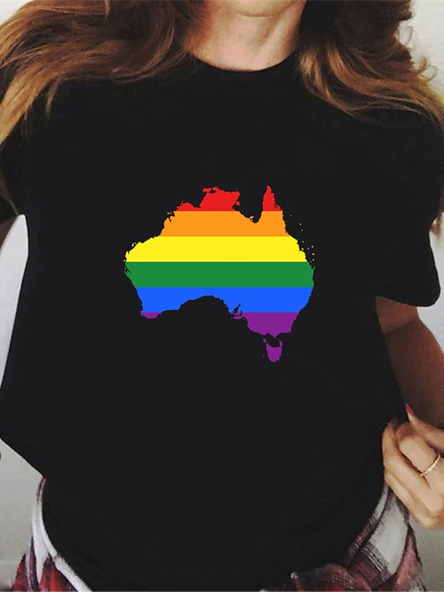  Női Festmény Póló Szivárvány Csíkos Térkép Nyomtatott Kerek Alap LMBT büszkeség Felsők Fehér Fekete