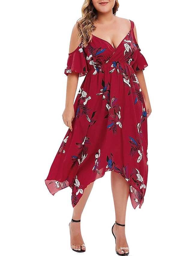 Womens Clothing Plus Size Collection | Womens Plus Size Swing Dress Floral V Neck Half Sleeve Spring Summer Fashion Maxi long Dr