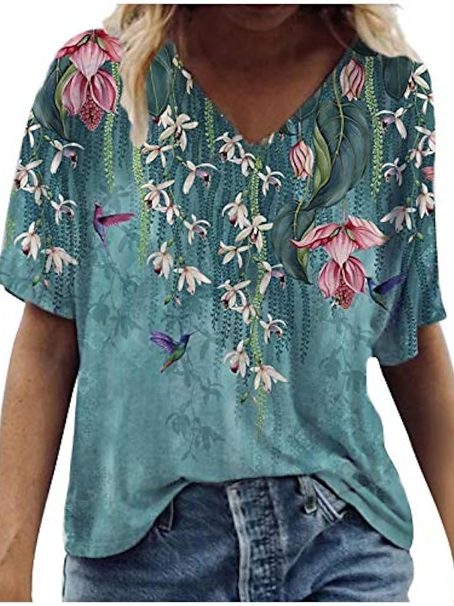  Women's Floral Theme T shirt Graphic Florals V Neck Basic Tops Floral blue Willow Green Blushing Pink