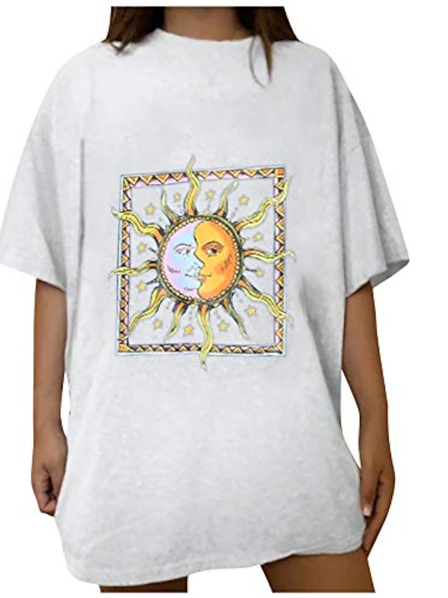 Pullover Tops for Women Vintage Sun and Moon Printed Shirts Short Sleeve Tees Loose Crewneck T-Shirt