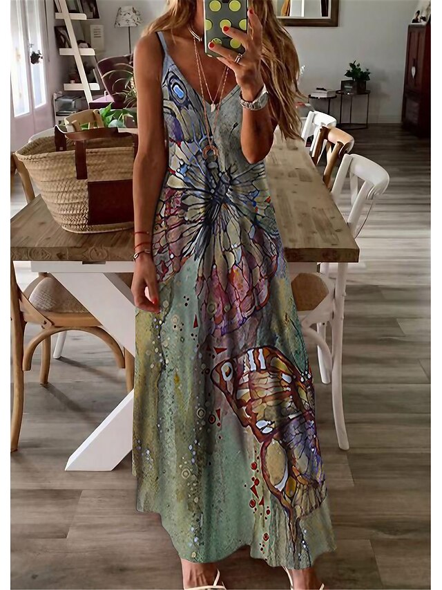 Womens Clothing Womens Dresses | Womens A Line Dress Maxi long Dress Gray Sleeveless Butterfly Animal Print Spring Summer V Neck