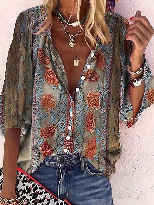 Womens Clothing Womens Tops | Womens Floral Graphic Patterned Geometric Casual Daily Holiday Bohemian Theme Blouse Shirt 3/4 Len