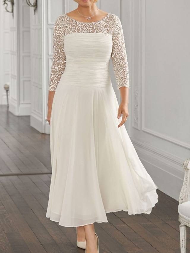  A-Line Mother of the Bride Dress Elegant Jewel Neck Ankle Length Chiffon Lace 3/4 Length Sleeve with Sequin Ruching 2023