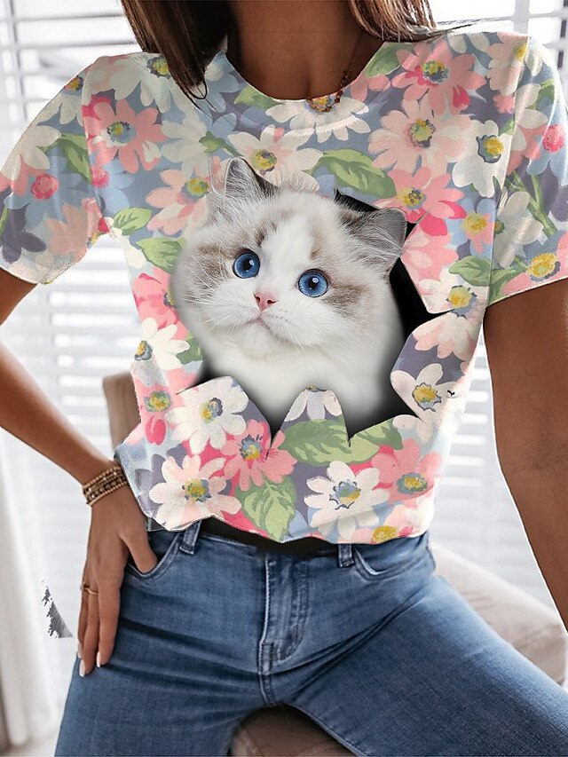 Womens Clothing Womens Tops | Womens Daily Weekend Floral 3D Cat T shirt Tee Floral Cat 3D Short Sleeve Print Round Neck Basic T