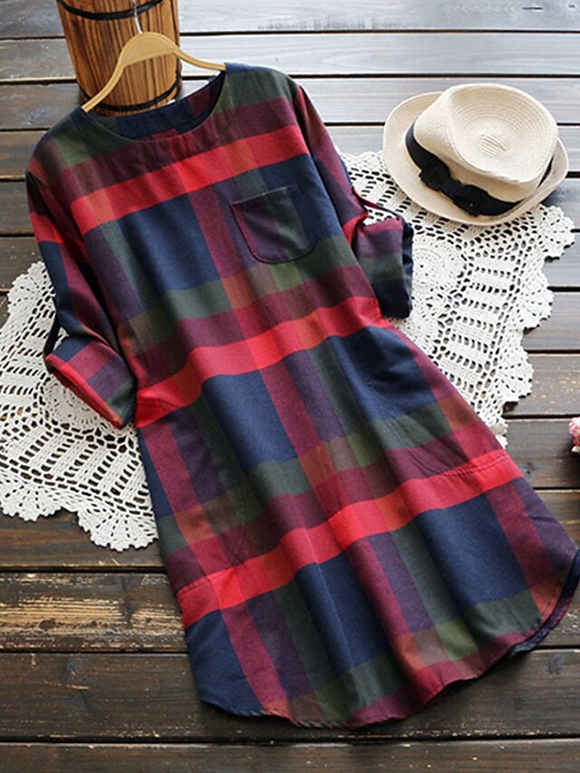 Mujer Talla Grande Vestido estilo camiseta A Cuadros Escote Redondo Manga  Larga Primavera Verano Básico Casual Vestido hasta la Rodilla Diario  Vacaciones Vestido 8633433 2022 – $20.22