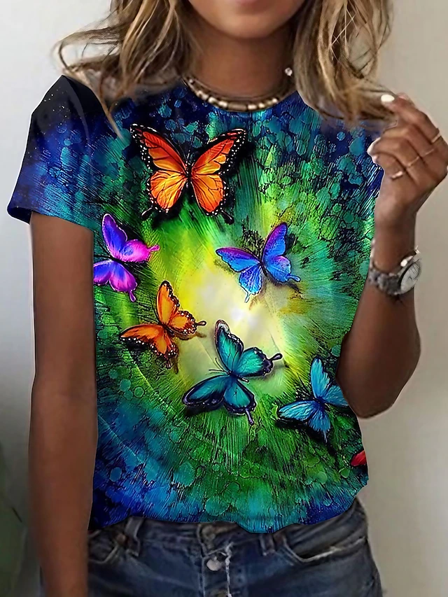 Women's T shirt Tee Graphic Butterfly Daily Weekend Print Blue Short ...
