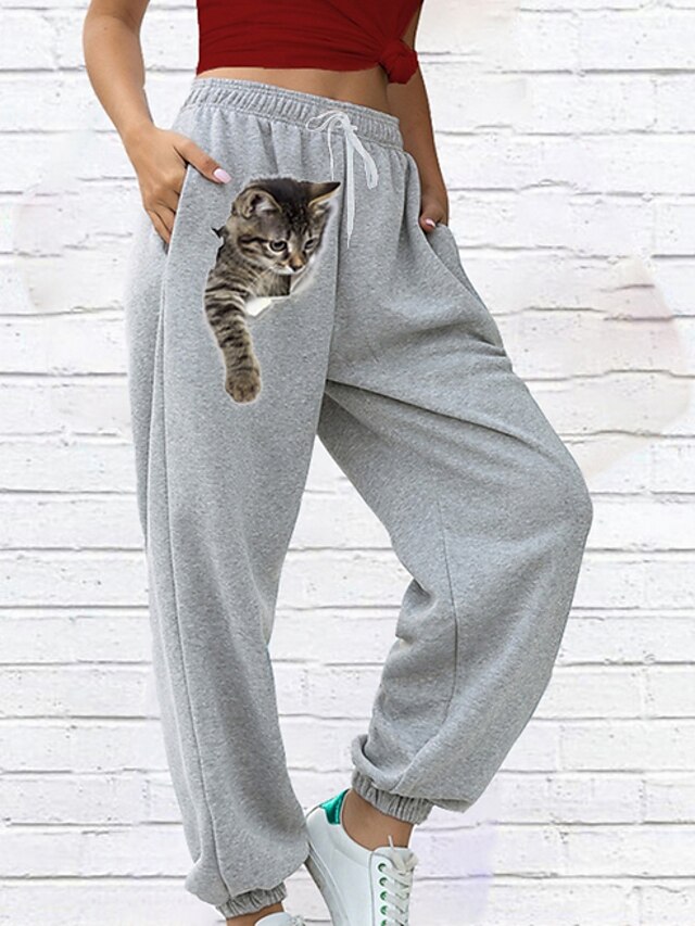  Women's Fashion Casual / Sporty Pocket Elastic Drawstring Design Print Sweatpants Full Length Pants Micro-elastic Fitness Weekend Cotton Blend 3D Print Cat Mid Waist Comfort Loose Black Gray White S