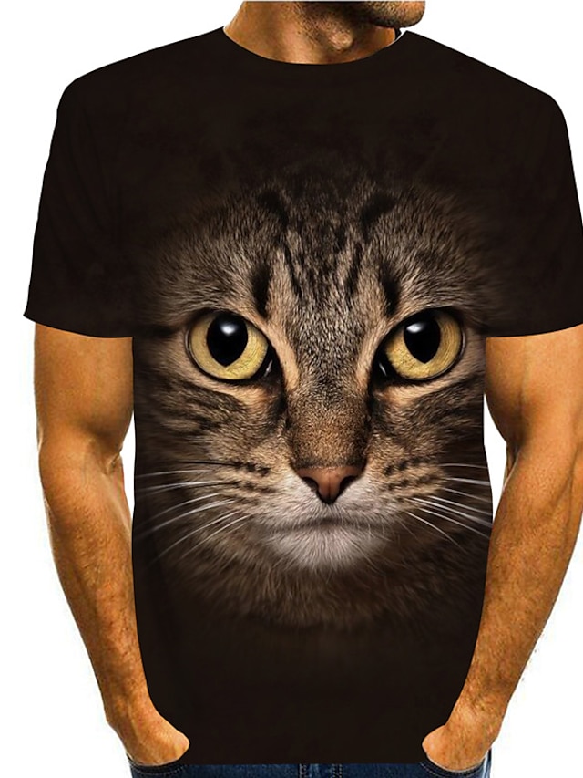 Men's T shirt Tee Tee Cat Graphic Prints Round Neck Black 3D Print ...