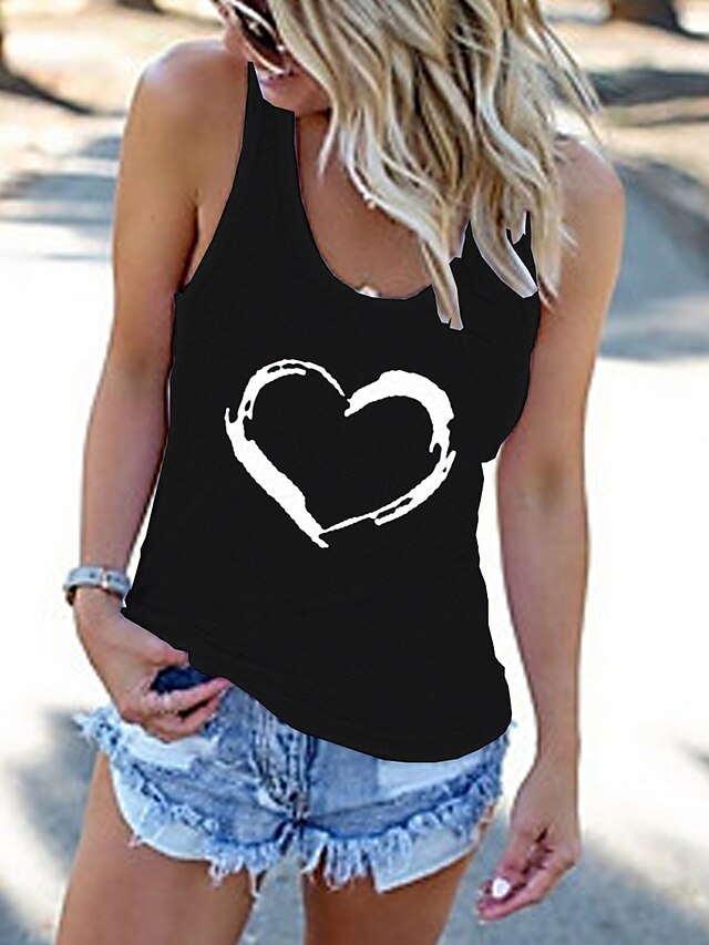  Women's Tank Top T shirt Tee Camis Black White Gray Printing Sleeveless Daily Vacation Basic Heart U Neck Regular S