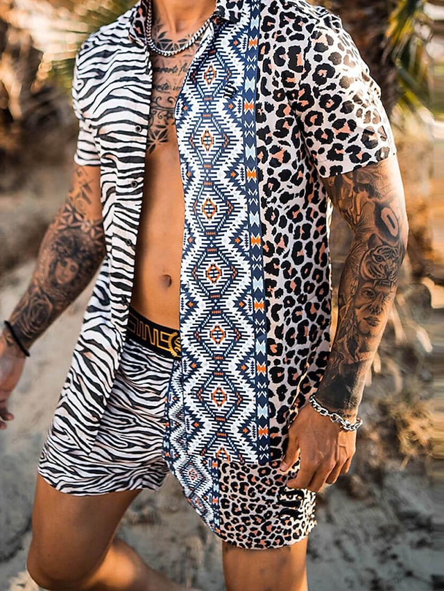 Herr Skjorta kostymer Skjorta Leopard Mellan Button-Down Kortärmad Tillfällig Blast Ledigt Mode Hawaiisk Andningsfunktion Svart