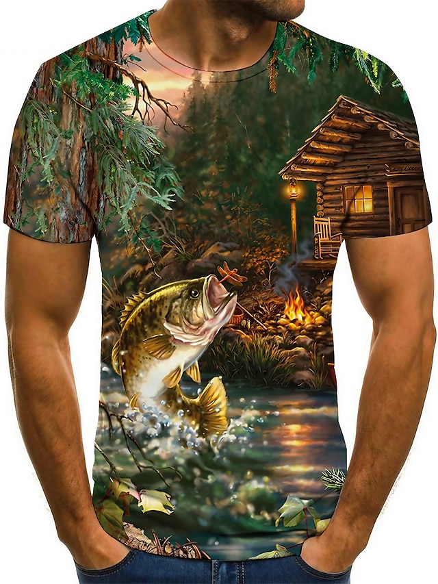  Fishing Casual Mens 3D Shirt | Green Summer Cotton | Men'S Unisex Tee Graphic Prints Round Neck 3D Plus Size Daily Short Sleeve Clothing Apparel