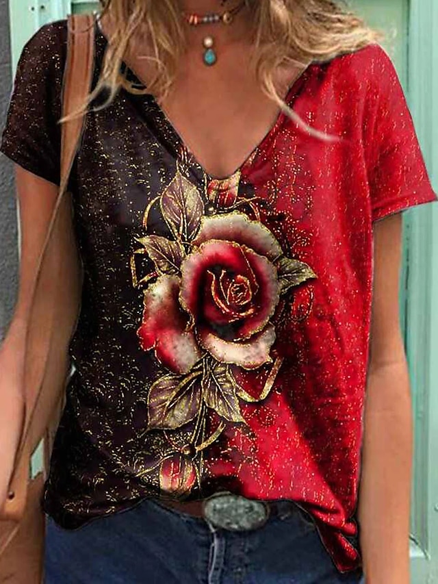  Mulheres Camiseta Roxo Laranja Vermelho Floral Plantas Manga Curta Diário Básico Decote V Padrão Tema Flores S / Impressão 3D