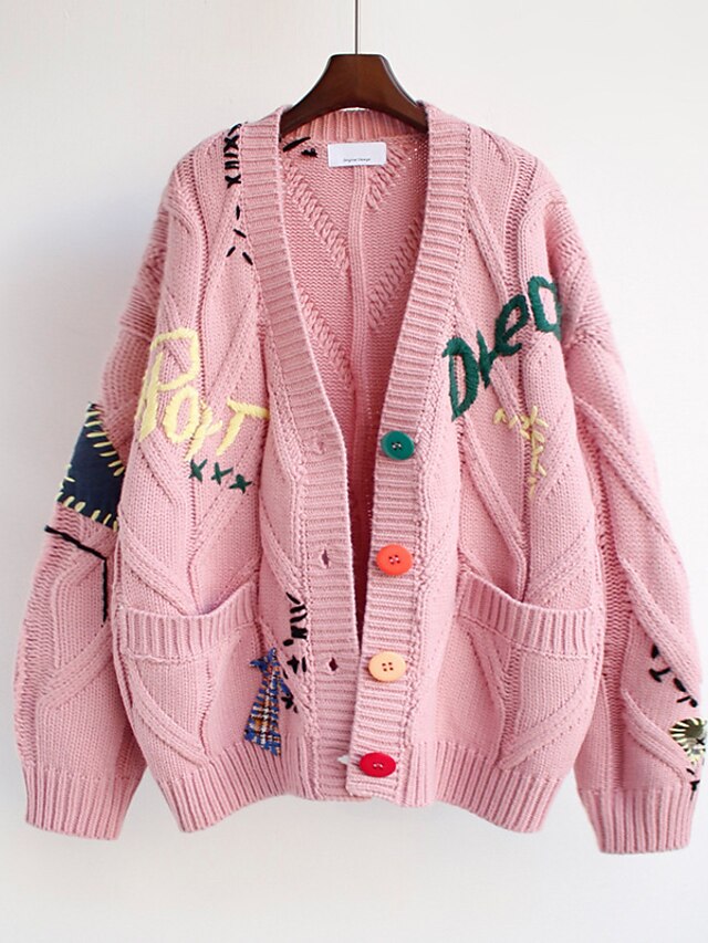  Women's Cardigan Embroidered Pocket Button Letter Vintage Style Casual Long Sleeve Regular Fit Sweater Cardigans V Neck Fall Winter Pink Red Apricot / Going out