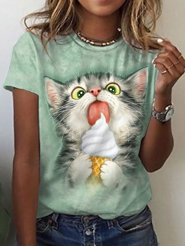  Women's Cat 3D Daily Weekend 3D Cat Short Sleeve T shirt Tee Round Neck Print Basic Essential Tops Green S / 3D Print