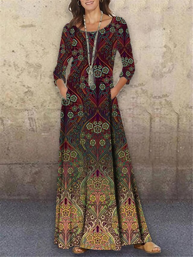 Womens Clothing Womens Dresses | Womens Shift Dress Maxi long Dress Brown 3/4 Length Sleeve Floral Print Print Spring Summer Rou