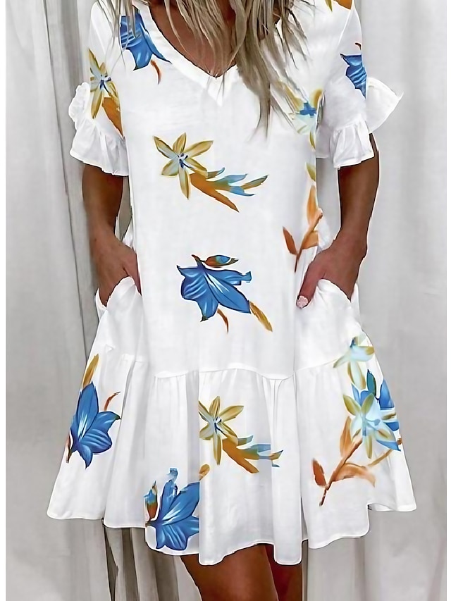  rochie casual dama mini rochie fluture cafea adâncă flori cu mânecă scurtă animal smocked primăvară vară decolteu în V șic& modernă largi 2023 s m l xl xxl 3xl 4xl 5xl