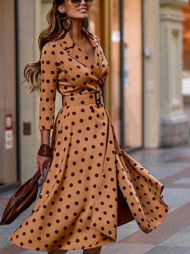 Womens Clothing Womens Dresses | Womens Sheath Dress Midi Dress Khaki 3/4 Length Sleeve Polka Dot Split Fall Spring Shirt Collar