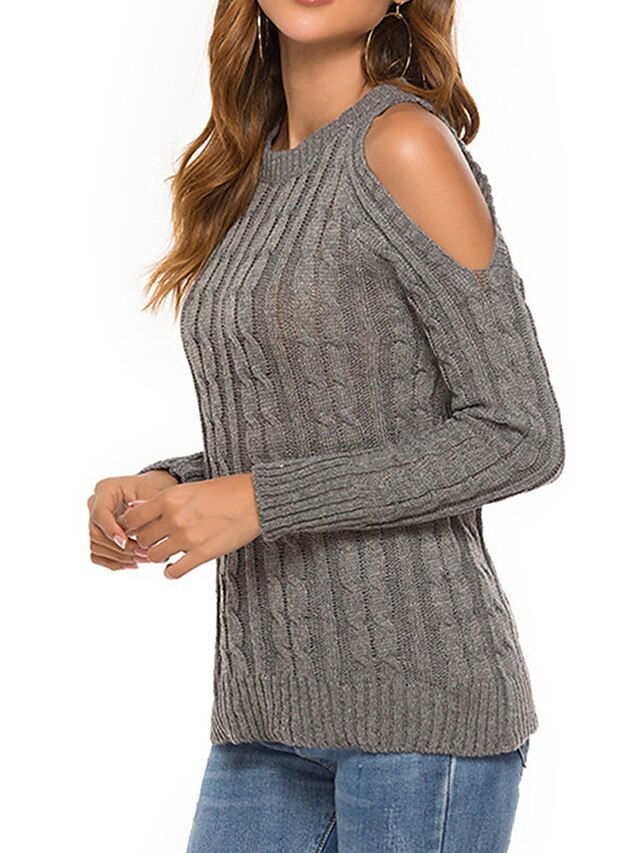 Womens Clothing Sweaters & Cardigans | Womens Pullover Sweater Jumper cable Knit Knitted Solid Color Crew Neck Fall Winter Gray 