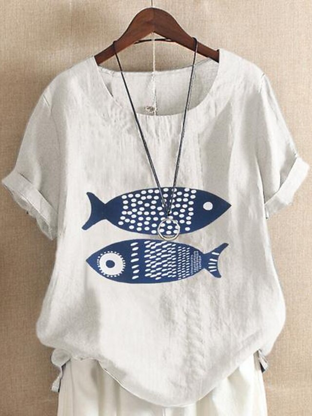 Womens Clothing Plus Size Collection | Womens Plus Size Tops Blouse Shirt Fish Short Sleeve Round Neck Causal Cotton And Linen S