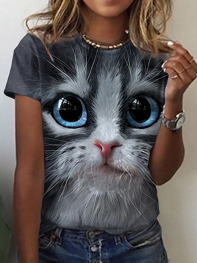  Women's T shirt Tee Graphic Cat 3D Gray Print Short Sleeve Daily Weekend Basic Round Neck Regular Fit
