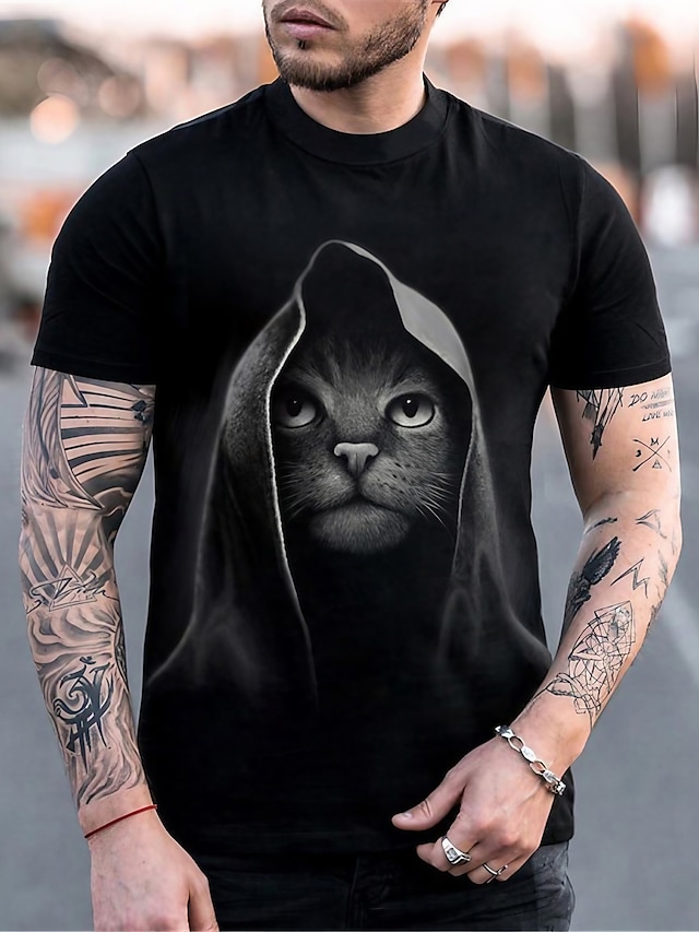  男性用 Tシャツ シャツ グラフィック 猫 クルーネック ブラック 3Dプリント プラスサイズ カジュアル 日常 半袖 衣類 ベーシック デザイナー スリムフィット 大きくて背が高い / 夏 / 夏