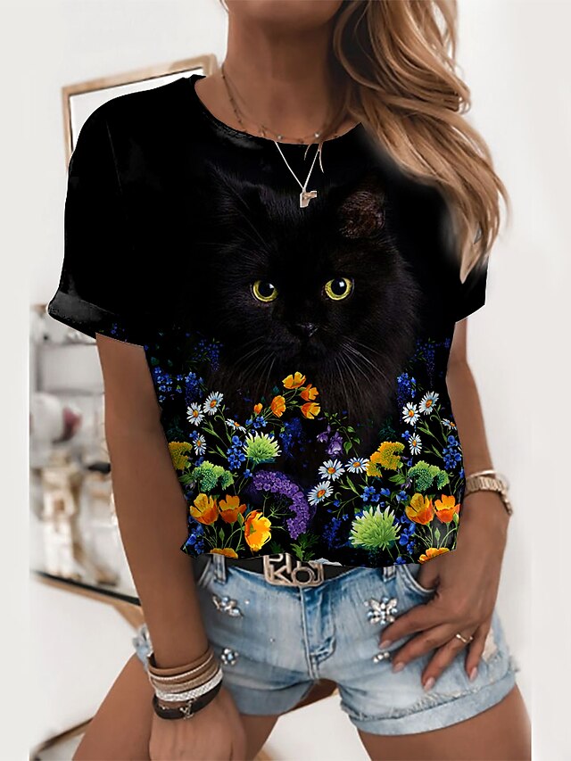  Dámské Tričko Černá Květinový Kočka Tisk Krátký rukáv Dovolená Víkend Základní Kulatý Standardní Květinový motiv 3D kočka Obraz S