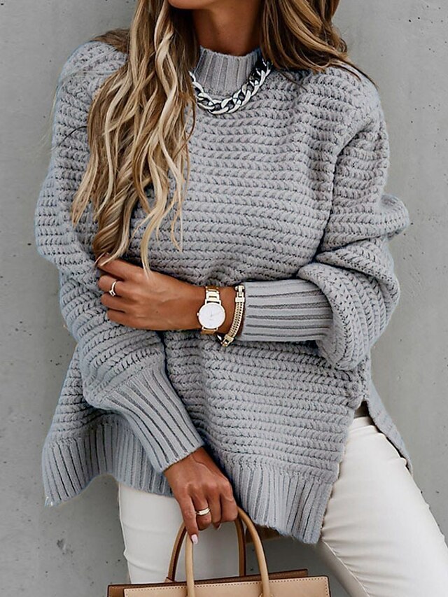  Women's Pullover Asymmetric Hem Solid Color Stylish Long Sleeve Loose Sweater Cardigans Turtleneck Fall Winter Gray Khaki Black