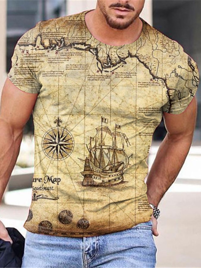 Men's T shirt Tee Tee Map Graphic Prints Round Neck Black Yellow Blue 3D Print Daily Holiday Short Sleeve Print Clothing Apparel Designer Casual Big and Tall