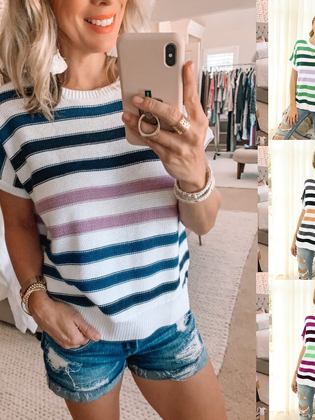 Womens Clothing Sweaters & Cardigans | Womens Cardigan Stripes Short Sleeve Sweater Cardigans U Neck Blue Purple Green - AF34543