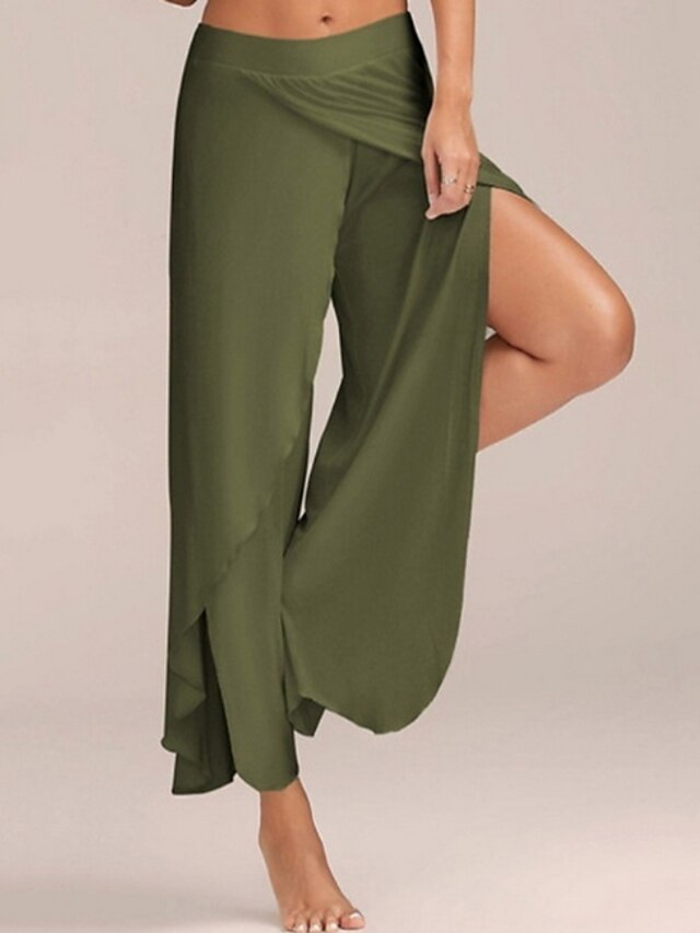 Women's Wide Leg Pants Trousers Baggy Pants Boho Full Length Mid Waist Solid Color Plain Solid Colored Baggy Soft Daily Going out ArmyGreen Black White Autumn / Fall Spring & Summer Regular Fit4