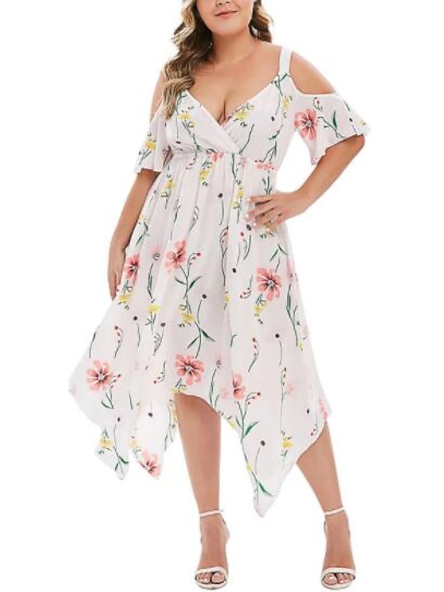 Womens Clothing Plus Size Collection | Womens Plus Size Swing Dress Floral V Neck Half Sleeve Spring Summer Fashion Maxi long Dr