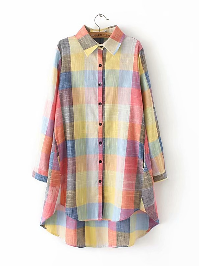 Womens Clothing Plus Size Collection | Womens Plus Size Tops Shirt Plaid / Check Long Sleeve Button Down Collar Color grid Lange